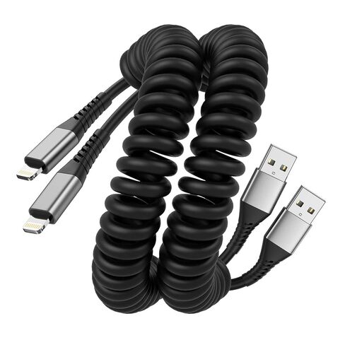 كابل Lightning ملفوف للسيارة، 2 كابل شاحن iPhone معتمد من MFi بطول 3 أقدام، كابل USB A قابل للسحب إلى كابل شحن سريع Lightning لـ iPhone 14 13 12 11 Pro Max XR XS X 8 7 Plus، iPad in Kuwait