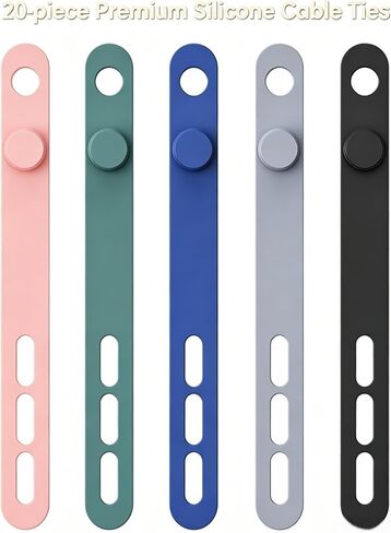 20 PCS Silicone Cable Ties, Reusable Cord Organizer Straps, 5.3 Inch Adjustable Wire Management, 5 Colors Durable Rubber Fastening Wraps for Electronics Cords Home Office Travel in Kuwait