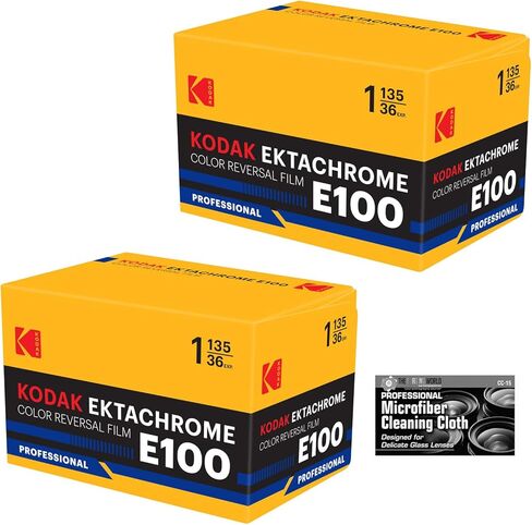 طبقة شفافة ملونة Kodak Professional Ektachrome E100 (فيلم رول 35 مم، 36 تعريض، عبوة قديمة) - عبوتان مع قطعة قماش للتنظيف من الألياف الدقيقة in Kuwait