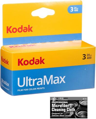 فيلم Kodak GC/UltraMax 400 لون سلبي (فيلم رول 35 مم، 24 تعريض) - عبوة من 3 قطع مع قطعة قماش تنظيف من الألياف الدقيقة in Kuwait