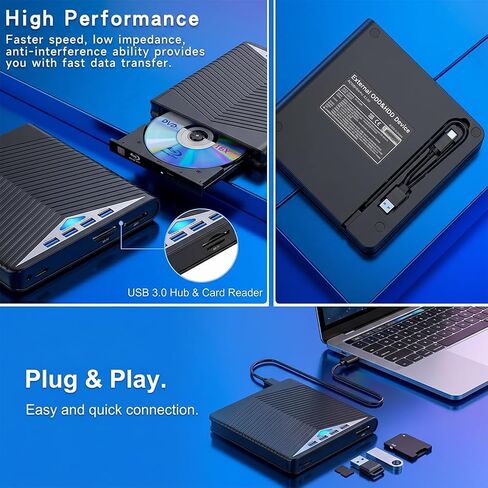 محرك أقراص DVD خارجي Blu-ray USB 3.0 ونوع C، ناسخ محمول/قارئ/كاتب لأجهزة الكمبيوتر المحمول وأجهزة Mac، التوصيل والتشغيل، دعم BD/CD/DVD RW عالي السرعة in Kuwait