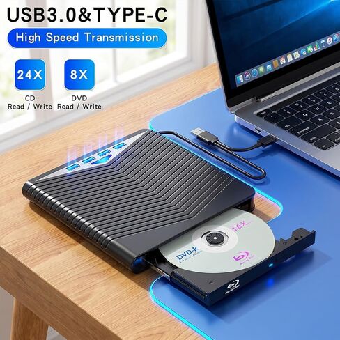 محرك أقراص DVD خارجي Blu-ray USB 3.0 ونوع C، ناسخ محمول/قارئ/كاتب لأجهزة الكمبيوتر المحمول وأجهزة Mac، التوصيل والتشغيل، دعم BD/CD/DVD RW عالي السرعة in Kuwait