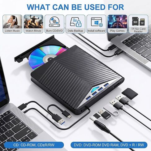 محرك أقراص DVD خارجي Blu-ray USB 3.0 ونوع C، ناسخ محمول/قارئ/كاتب لأجهزة الكمبيوتر المحمول وأجهزة Mac، التوصيل والتشغيل، دعم BD/CD/DVD RW عالي السرعة in Kuwait