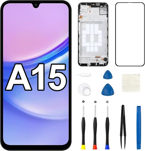 لهاتف Samsung Galaxy A15 4G/5G استبدال الشاشة مع سماعة الأذن ومكبر الصوت وزر الصوت الجانبي ومحرك الاهتزاز A156U A155F/DSN إطار شاشة LCD تعمل باللمس محول رقمي مجموعة أدوات إصلاح التجميع الكامل in Kuwait