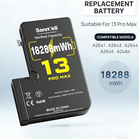 SannXell Upgraded High Capacity Battery for iPhone 13 Pro Max Replacement, 18288mWh 0 Cycle A2641 A2643 A2644 A2645 A2484 Model, Ultra Long Lasting Li-ion Battery with Full Repair Tool Kit in Kuwait