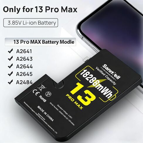 SannXell Upgraded High Capacity Battery for iPhone 13 Pro Max Replacement, 18288mWh 0 Cycle A2641 A2643 A2644 A2645 A2484 Model, Ultra Long Lasting Li-ion Battery with Full Repair Tool Kit in Kuwait