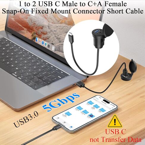QIANRENON 1 إلى 2 USB C إلى USB C + USB 3.0 محول كبل قصير ثابت 5 جيجابت في الثانية من النوع C ذكر إلى C & A أنثى موصل تثبيت مدمج 2 في 1، شحن 5V3A، مع غطاء غبار، 30 سم / 11.8 بوصة in Kuwait