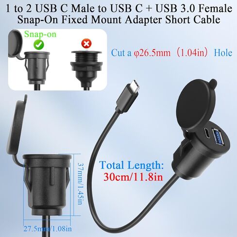 QIANRENON 1 إلى 2 USB C إلى USB C + USB 3.0 محول كبل قصير ثابت 5 جيجابت في الثانية من النوع C ذكر إلى C & A أنثى موصل تثبيت مدمج 2 في 1، شحن 5V3A، مع غطاء غبار، 30 سم / 11.8 بوصة in Kuwait