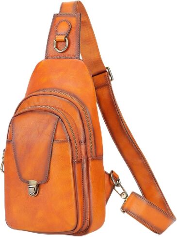 NIUCUNZH Genuine Leather Sling Bag Front Metal-Latch Crossbody Bags Handmade Vintage Chest Shoulder Backpack for Women Men in Kuwait