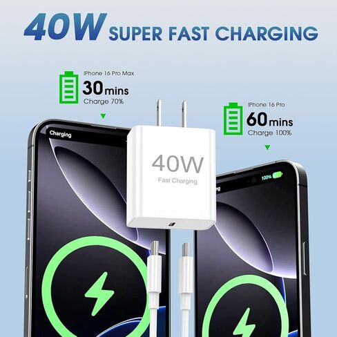3 عبوات شاحن USB C بقوة 40 وات شحن سريع مع كابل USB C بطول 6 أقدام، شاحن من النوع C لأجهزة iPhone 17/17 Pro/17 Pro Max/16/15/15 Pro Max، شاحن سريع لأجهزة iPhone، وشواحن USB-C لأجهزة USB-C in Kuwait