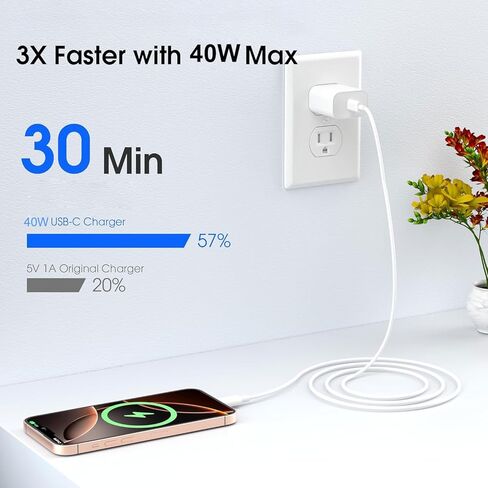 3 عبوات شاحن USB C بقوة 40 وات شحن سريع مع كابل USB C بطول 6 أقدام، شاحن من النوع C لأجهزة iPhone 17/17 Pro/17 Pro Max/16/15/15 Pro Max، شاحن سريع لأجهزة iPhone، وشواحن USB-C لأجهزة USB-C in Kuwait