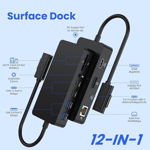 Surface Docking Station, 4K@60Hz Triple Display via HDMI, DP & USB-C, 12-in-1 with 120W Power Adapter for Surface Laptop 5/4/3 & Surface Pro 11/10/9/8/7/X, Surface Go/Book in Kuwait