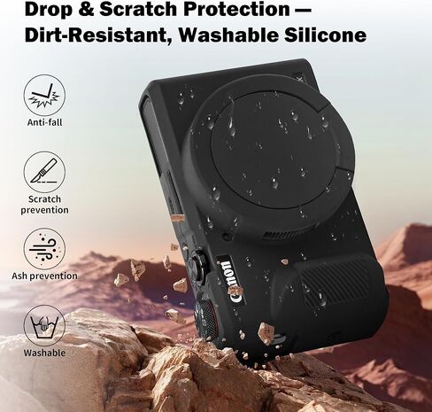 حافظة لكاميرا Canon PowerShot G7 X Mark III الرقمية، غطاء حماية ناعم مضاد للخدش مع غطاء عدسة قابل للإزالة، متوافق مع DSLR، يتضمن واقي شاشة وحزام معصم (أسود) in Kuwait