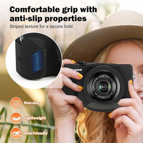 حافظة لكاميرا Canon PowerShot G7 X Mark III الرقمية، غطاء حماية ناعم مضاد للخدش مع غطاء عدسة قابل للإزالة، متوافق مع DSLR، يتضمن واقي شاشة وحزام معصم (أسود) in Kuwait