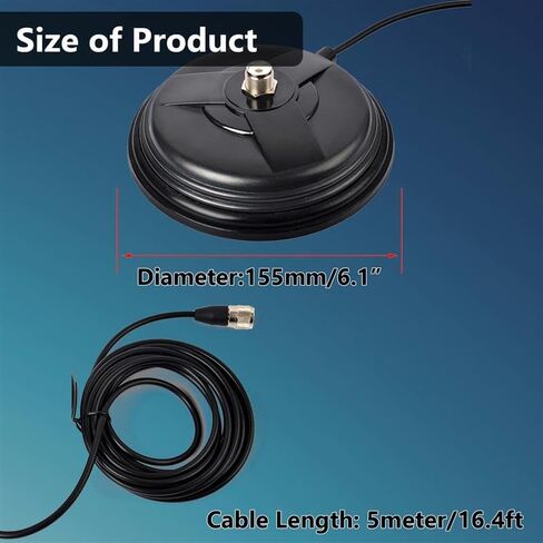 قاعدة هوائي مغناطيسية شديدة التحمل، قطر 155 مم/6.1 بوصة مع كابل RG58 بطول 5 متر ومحول UHF (PL259) إلى SMA-Female لـ Baofeng UV-5R BF-F8HP AR-152 Quansheng K6 UVK5(8) in Kuwait
