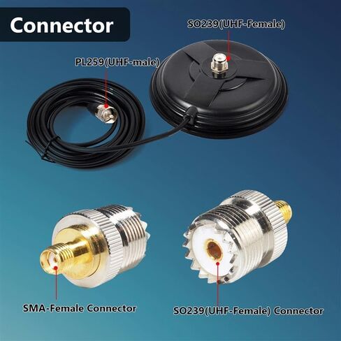 قاعدة هوائي مغناطيسية شديدة التحمل، قطر 155 مم/6.1 بوصة مع كابل RG58 بطول 5 متر ومحول UHF (PL259) إلى SMA-Female لـ Baofeng UV-5R BF-F8HP AR-152 Quansheng K6 UVK5(8) in Kuwait
