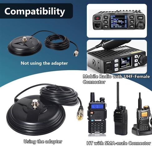 قاعدة هوائي مغناطيسية شديدة التحمل، قطر 155 مم/6.1 بوصة مع كابل RG58 بطول 5 متر ومحول UHF (PL259) إلى SMA-Female لـ Baofeng UV-5R BF-F8HP AR-152 Quansheng K6 UVK5(8) in Kuwait