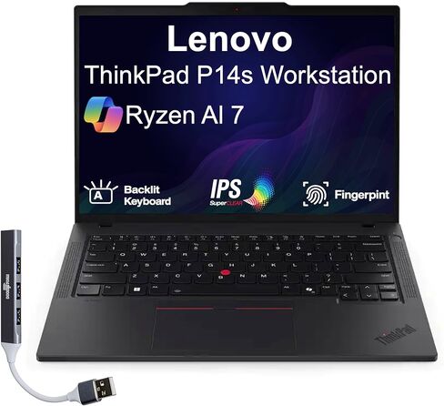 محطة عمل Lenovo Thinkpad P14s المحمولة 14.0 بوصة 60 هرتز IPS WUXGA شاشة (AMD Ryzen AI 7 350، AMD Radeon 860M Shared، 64 جيجابايت DDR5، 2 تيرابايت PCIe SSD، لوحة مفاتيح بإضاءة خلفية، بصمة الإصبع، Win 11 Pro) مع موسع منفذ USB DKZ in Kuwait