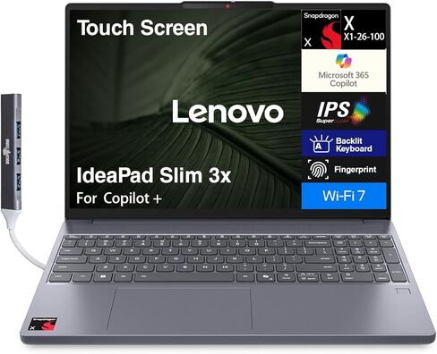 Lenovo IdeaPad Slim 3X Copilot + Laptop 15.3" WUXGA (Qualcomm Snapdragon X X1-26-100, 16GB LPDDR5X, 256GB M.2 PCIe SSD, Qualcomm Adreno, Win 11 Pro) w/DKZ USB Port Expander in Kuwait