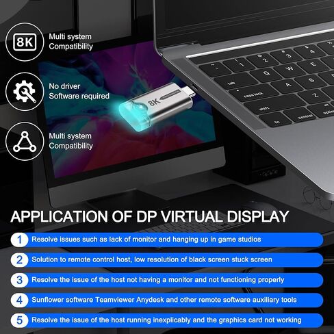 XMSJSIY 8K USB Type-C Dummy Plug Display EDID Emulator USB-C HDR Virtual Monitor Headless Ghost Adapter Supports 7680x4320 with LED Light for Screenless Remote Control -1 PCS in Kuwait