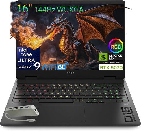 HP OMEN 16" 144Hz WUXGA Slim Gaming Laptop, Intel 16-Core Ultra 9 285H, GeForce RTX 5070 Computer, 32GB DDR5 RAM, 1TB SSD, WiFi 6E, RGB Backlit KB, Windows 11, Type-C Hub in Kuwait