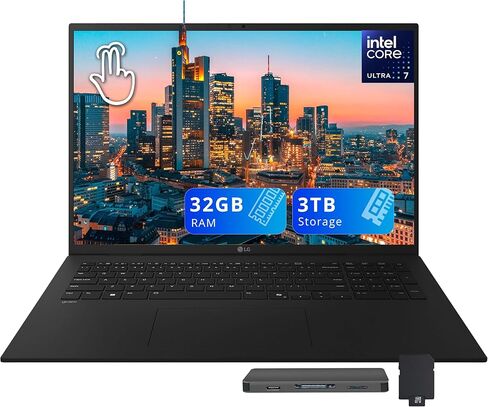 LG Gram 17" WQXGA Touchscreen Copilot+ PC Laptop, Intel Ultra 7 258V, 32GB LPDDR5X, 3TB Storage (2TB SSD+1TB Docking Station), Intel Arc Graphics, Backlit Keyboard, FHD Webcam, Wi-Fi 7, Win 11, Black in Kuwait