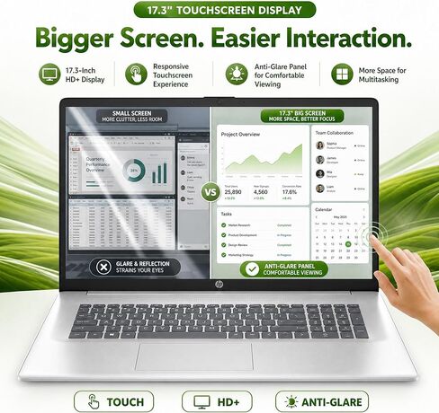 HP 17.3 Touchscreen Business Laptop - AMD Ryzen 5 7430U, 20GB RAM,512GB SSD, 17.3" HD+ Anti Glare Touch, Backlit Keyboard, Fast Charge, Win11 Pro, for Students & Work in Kuwait