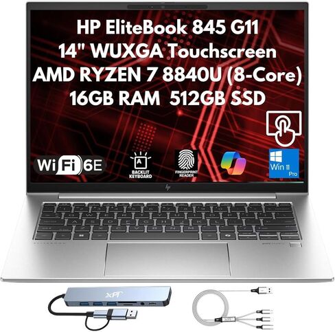 HP EliteBook 845 G11 AI-Ready Business Laptop 2026, 14" WUXGA Touchscreen, 8-Core AMD Ryzen 7 8840U, 16GB DDR5 RAM, 512GB SSD Gen 4 SSD, Fingerprint Reader, Wi-Fi 6E, IR Cam, Copilot Windows 11 Pro in Kuwait