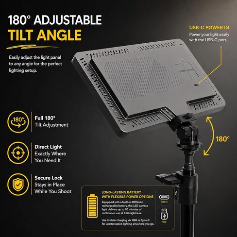 لوحة إضاءة فيديو LED احترافية، متوافقة مع كاميرا Nikon 1 J5، 240 مصباح LED، بطارية USB-C قابلة لإعادة الشحن بقدرة 4000 مللي أمبير في الساعة، سطوع قابل للتعديل ودرجة حرارة اللون (التسجيل والبث) in Kuwait