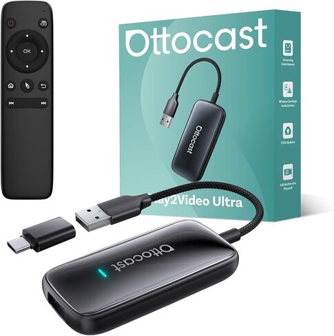 OTTOCAST Play2Video Ultra مع مجموعة التحكم عن بعد في ماوس الهواء اللاسلكي، محول Carplay 2026 ترقية متوافق مع CarPlay اللاسلكي/Android Auto in Kuwait