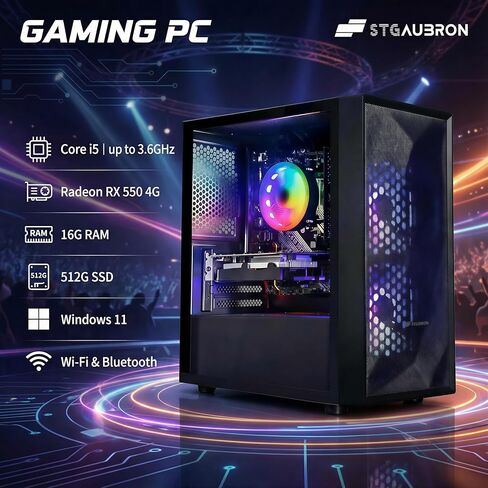 STGAubron Gaming PC Bundle with 24 Inch FHD LED Monitor- Intel Core i5 up to 3.6G, Radeon RX 550, 16G RAM, 512G SSD, RGB Fan x2, Windows 11 Home in Kuwait