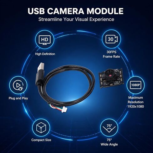 USB Camera Module 2MP 1920x1080 HD Manual Focus 75° View Angle - High Frame Rate 30FPS, MJPEG Format, USB Plug & Play for Phone Notebook in Kuwait