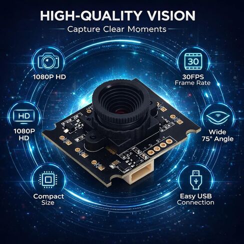 USB Camera Module 2MP 1920x1080 HD Manual Focus 75° View Angle - High Frame Rate 30FPS, MJPEG Format, USB Plug & Play for Phone Notebook in Kuwait