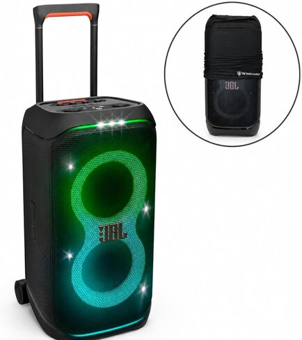 JBL PartyBox Stage 320 - Portable Party Speaker with Telescopic Handle & Wide, Sturdy Wheels, Up to 18 Hours of Play time, Splash Proof Including Winguard Protective Dust Cover (Black) in Kuwait