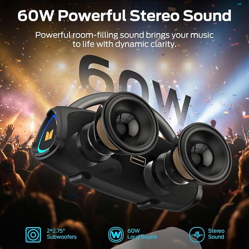 Monster Prism Pro Bluetooth Speaker, Portable Wireless Speaker, 60W True Wireless Stereo, 24H Playtime,TWS Pairing, Bluetooth 6.0, RGB Lights, AUX,USB & TF-Card Input, for Outdoors/Beach/Travel in Kuwait