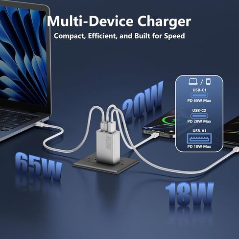شاحن USB C بقدرة 65 وات لهاتف iPhone 17/16/15 Pro، وشاحن حائط 3 منافذ GaN USB من النوع C، وكابل USB-C بطول 6 أقدام، وشاحن PD فائق السرعة بقدرة 65 وات لهاتف iPhone 17، وMacBook Serie، وSamsung Galaxy S26 Ultra، وiPad، والمزيد in Kuwait