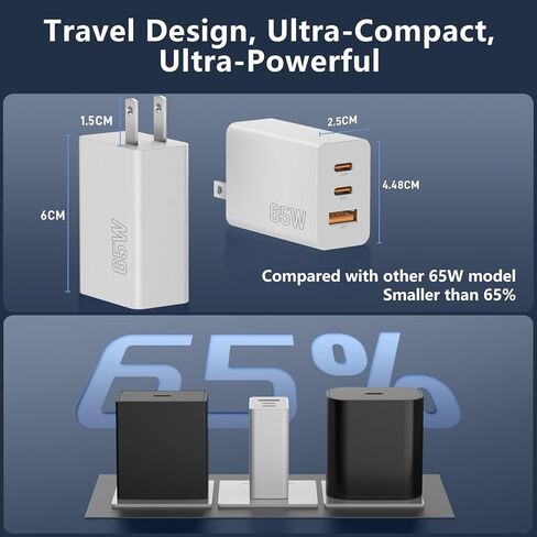 شاحن USB C بقدرة 65 وات لهاتف iPhone 17/16/15 Pro، وشاحن حائط 3 منافذ GaN USB من النوع C، وكابل USB-C بطول 6 أقدام، وشاحن PD فائق السرعة بقدرة 65 وات لهاتف iPhone 17، وMacBook Serie، وSamsung Galaxy S26 Ultra، وiPad، والمزيد in Kuwait