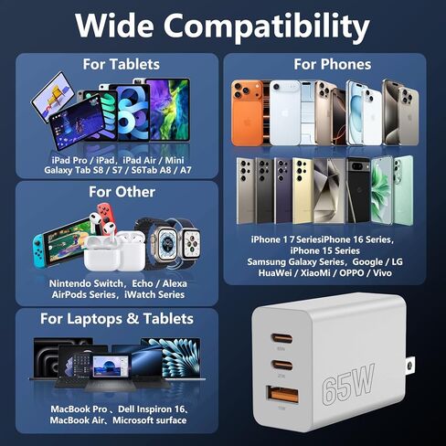 شاحن USB C بقدرة 65 وات لهاتف iPhone 17/16/15 Pro، وشاحن حائط 3 منافذ GaN USB من النوع C، وكابل USB-C بطول 6 أقدام، وشاحن PD فائق السرعة بقدرة 65 وات لهاتف iPhone 17، وMacBook Serie، وSamsung Galaxy S26 Ultra، وiPad، والمزيد in Kuwait