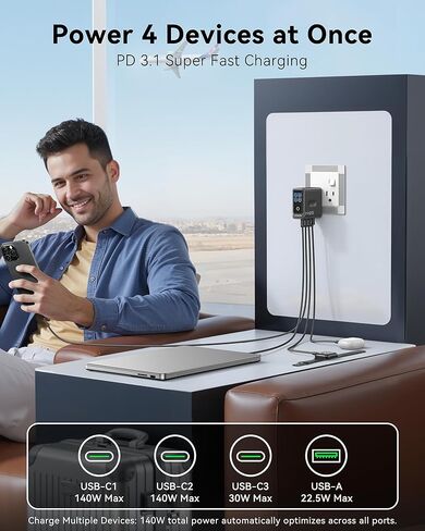 MacBook Charger, 140W USB C Charger Block, 4-Port GaN PD3.1 PPS, Multi-Device Fast Charging, Laptop Wall Charger Power Adapter, Touch Screen Smart Display for MacBook Pro/Air, iPhone 17/16, iPad in Kuwait