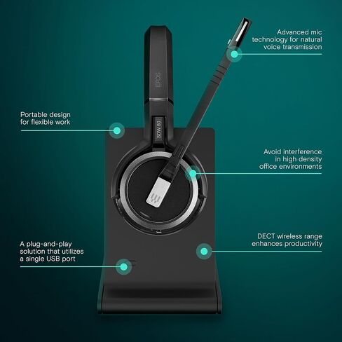 EPOS Impact 5000 Go MS Stereo Wireless Headset – Premium DECT Technology, Teams Certified, Noise-Cancelling Mic, Long-Range Freedom & Foldable Charging Stand in Kuwait