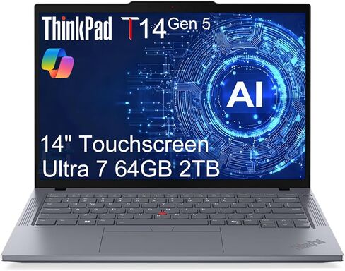 كمبيوتر محمول Lenovo ThinkPad T14 Gen 5 Business AI (14 بوصة FHD + شاشة لمس، Intel 12-Core Ultra 7 155U (> i7-1355U)، 32 جيجابايت DDR5، 1 تيرابايت SSD)، كاميرا ويب 5 ميجابكسل IR، 2x Thunderbolt 4، بصمة الإصبع، إضاءة خلفية، Win 11 Pro in Kuwait
