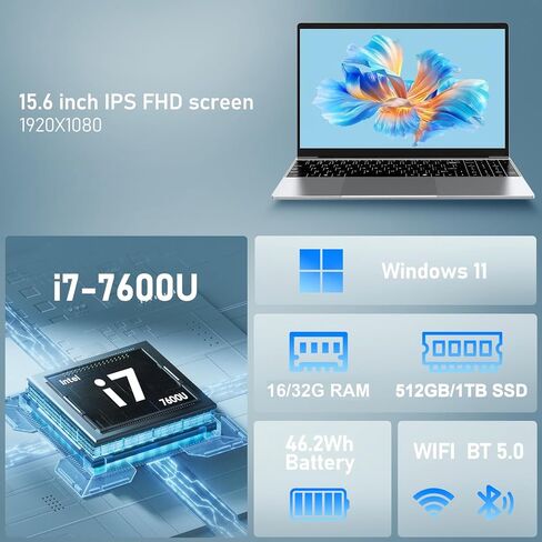 كمبيوتر محمول NIAKUN، أجهزة كمبيوتر محمولة للألعاب 2026، كمبيوتر محمول 15.6 بوصة Windows 11 Pro، ذاكرة وصول عشوائي 16 جيجابايت 1 تيرابايت SSD، معالج Core i7-7600U (يصل إلى 3.9 جيجا هرتز)، Office 365، للأعمال والطلاب، لوحة مفاتيح بإضاءة خلفية in Kuwait