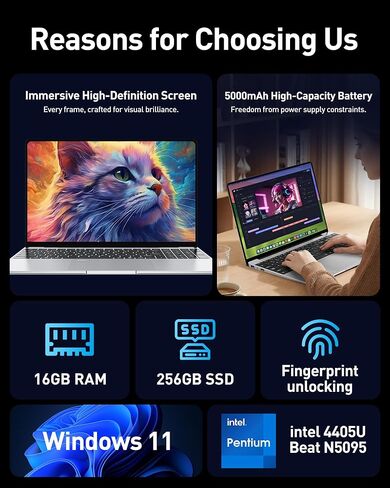 Laptop Computer for Win 11 Pro, 15.6 Inch FHD, Pentium CPU (Base Freq. 2.10 GHz), 16GB RAM + 256GB SSD, Backlit Keyboard, Fingerprint Reader, Ideal for Students & Business in Kuwait