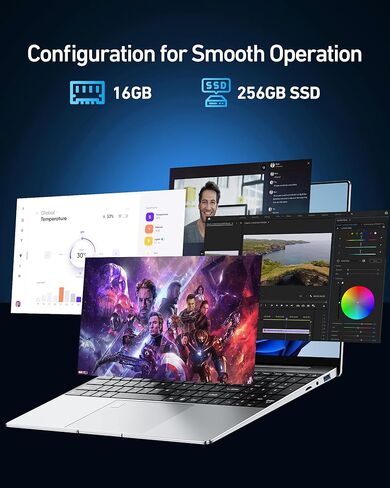 Laptop Computer for Win 11 Pro, 15.6 Inch FHD, Pentium CPU (Base Freq. 2.10 GHz), 16GB RAM + 256GB SSD, Backlit Keyboard, Fingerprint Reader, Ideal for Students & Business in Kuwait