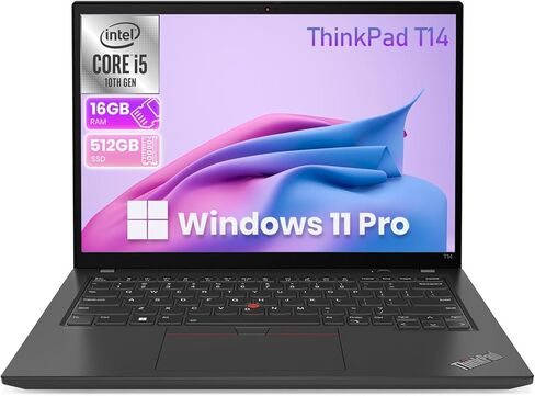 كمبيوتر محمول Lenovo ThinkPad T14 Business مقاس 14 بوصة، معالج Intel Core الجيل العاشر i5-10210U، ذاكرة الوصول العشوائي 16 جيجابايت، 512 جيجابايت SSD، HDMI، كاميرا، Windows 11 Pro (متجدد) in Kuwait