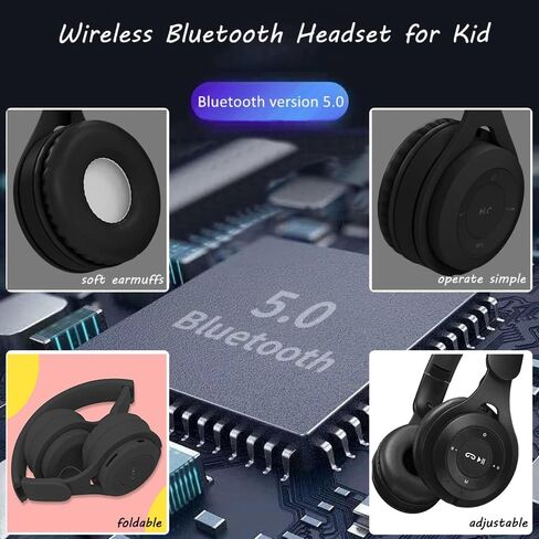 Kids Bluetooth Headphones, Over-Ear Wireless Bluetooth 5.0 Headset, Comfortable Protein Earpads and Folding Storage,HiFi Music Player with Microphone Bluetooth Wireless Headset (Black) in Kuwait