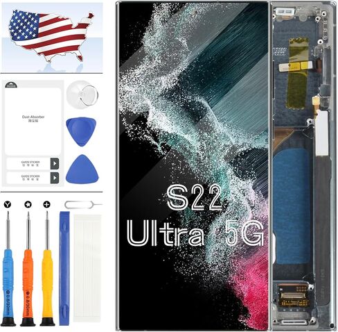 استبدال شاشة A-MIND OLED لهاتف Samsung Galaxy S22 Ultra 5G مع إطار شاشة LCD S908 لـ SM-G908A، SM-S908U، SM-S908W مجموعة رقمية لشاشة تعمل باللمس [إصدار أمريكي] (فضي) in Kuwait