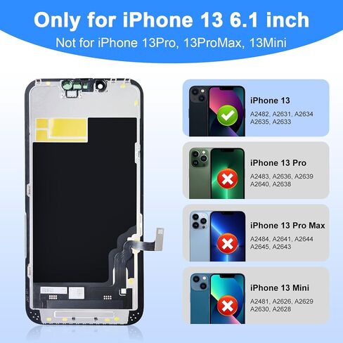 iPhone 13 LCD Screen Replacement 6.1 Inch - Haptic Touch Display Digitizer Assembly with Full Repair Tools Kit, Perfectly Compatible with iPhone 13 Models (A2634, A2635, A2636, A2639) in Kuwait