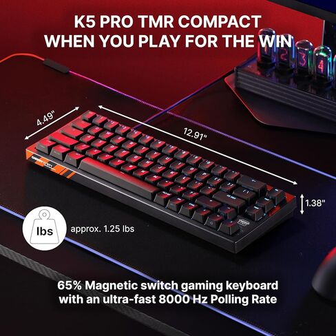 K5 Pro TMR Compact، لوحة مفاتيح سلكية مغناطيسية للألعاب، مفاتيح MK Crystal قابلة للتخصيص، تبديل سريع، مشغل سريع، مفتاح SnapKey، تخفيف الصوت، 8000 هرتز، أسود in Kuwait