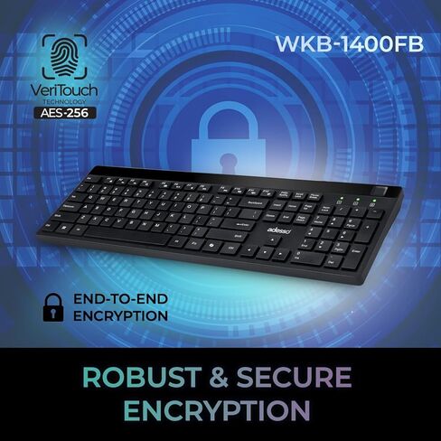 Adesso WKB-1400FB Wireless Keyboard with Built-in Fingerprint Reader, 2.4GHz Full Size 104-Key Low Profile Keyboard, AES 256-Bit Encrypted, Windows Hello Compatible for Windows 10 11 in Kuwait